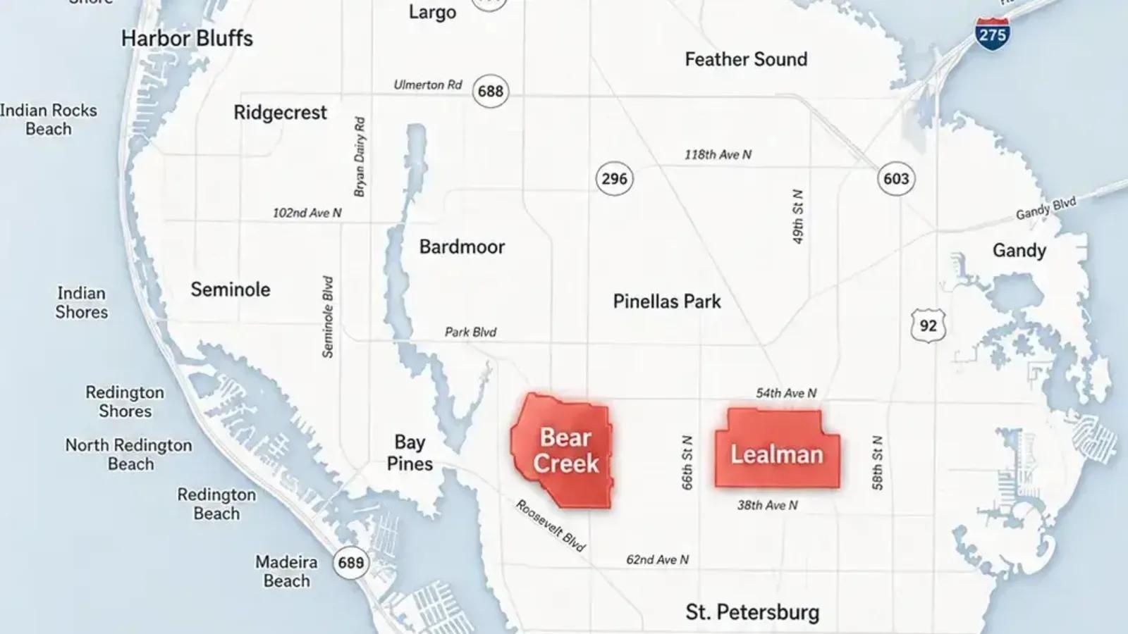 Map marking Bear Creek and Lealman, two unincorporated Pinellas pockets that allow daily stays