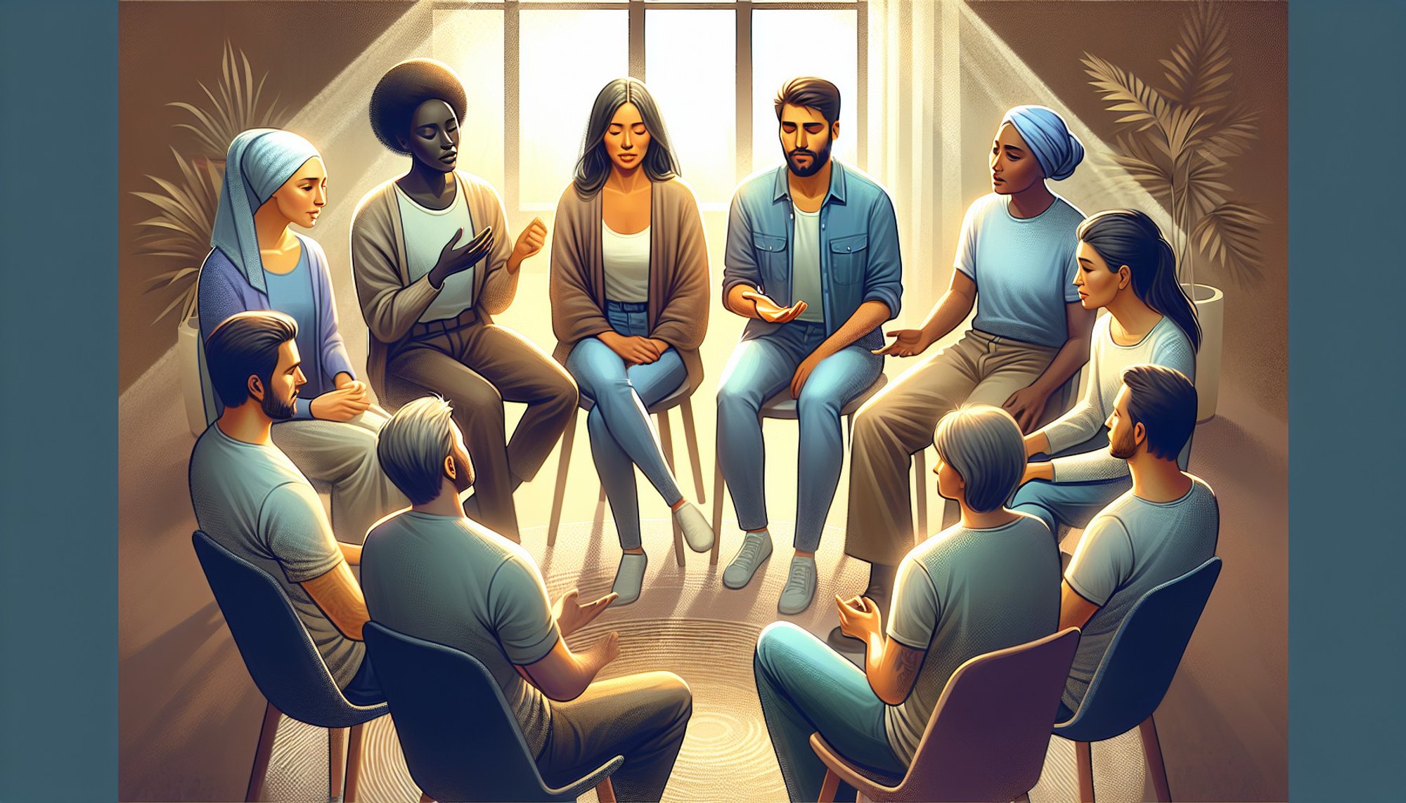 Illustration af en gruppe personer i gruppeterapi