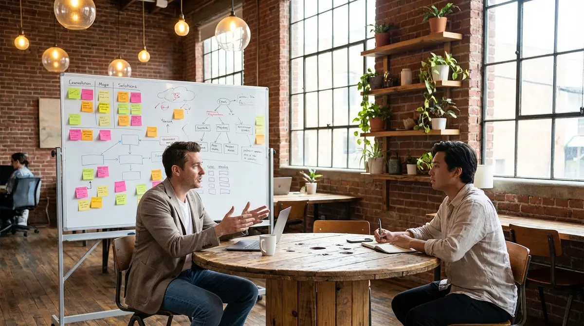 Two people in a casual business consultation discussing marketing strategy