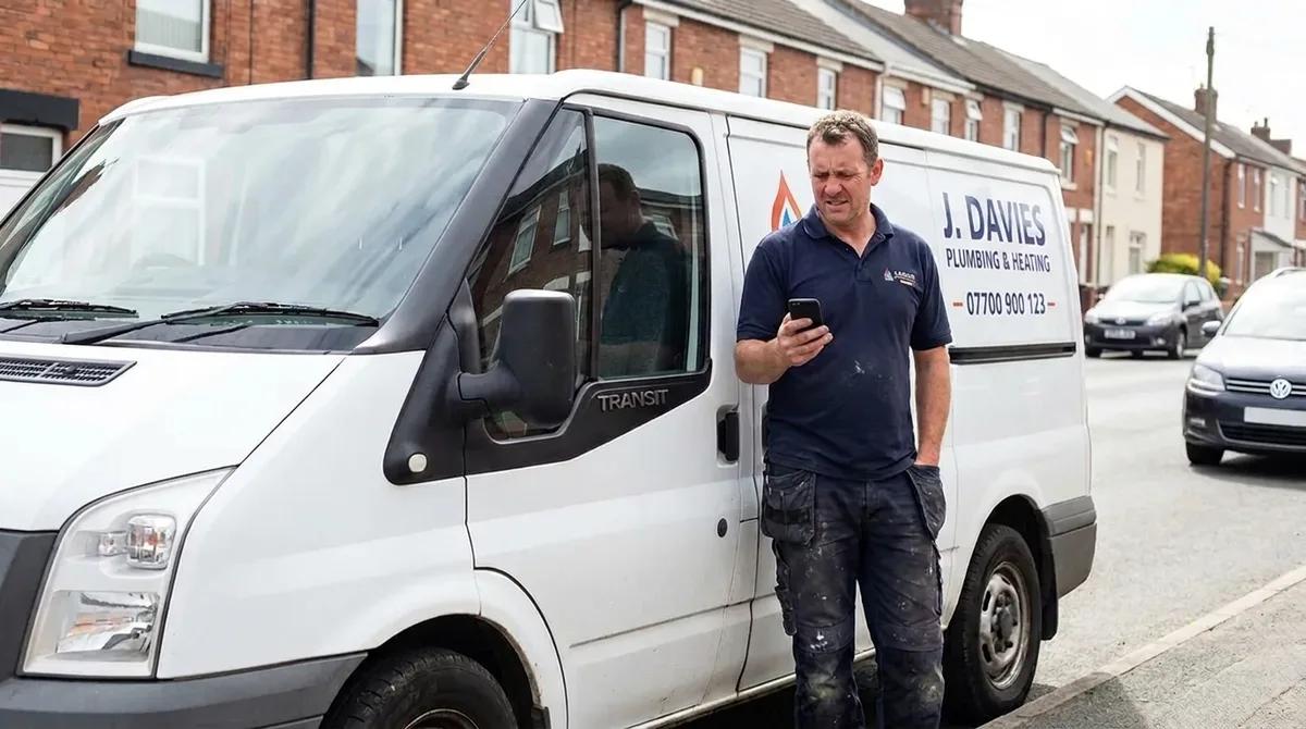 A UK tradesperson standing beside his sign-written work van, checking his phone with a puzzled expression, unable to find his business on Google