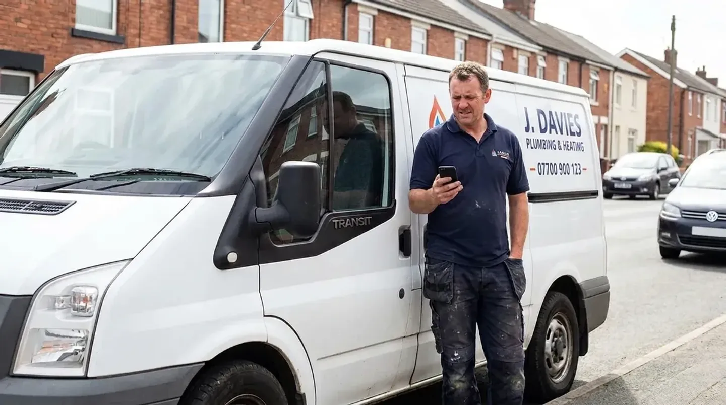 A UK tradesperson standing beside his sign-written work van, checking his phone with a puzzled expression, unable to find his business on Google