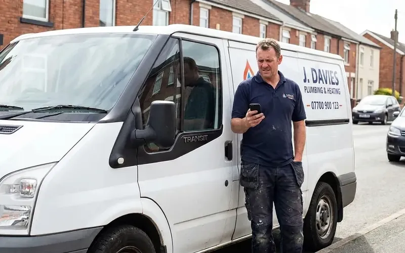 A UK tradesperson standing beside his sign-written work van, checking his phone with a puzzled expression, unable to find his business on Google