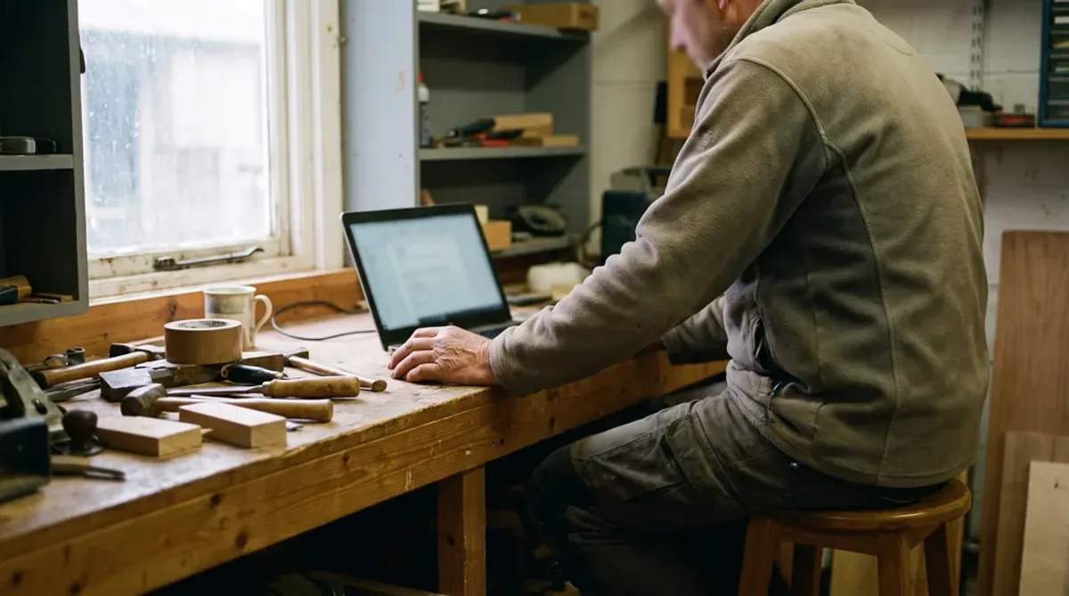 A tradesperson checking their Google Business Profile on a laptop at a workshop bench