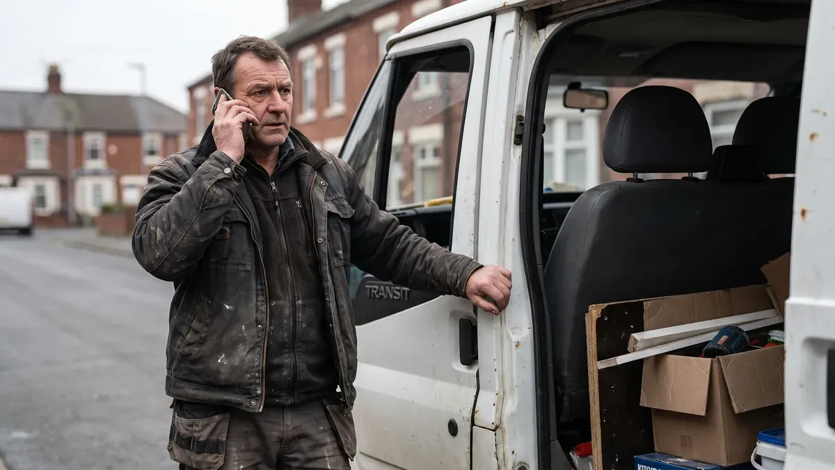 A UK tradesman beside his van taking a call, the moment a Local Services Ads lead arrives