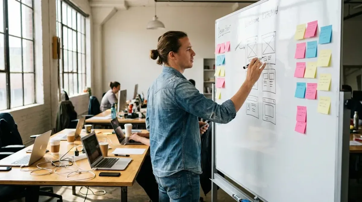 A web designer sketching website wireframe layouts on a whiteboard in a modern studio