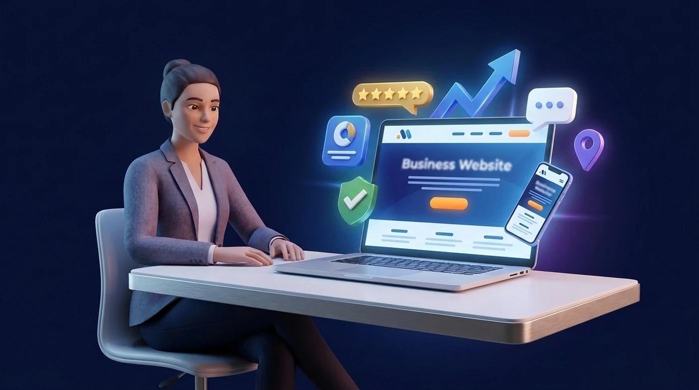 What makes a good website - a business owner at a laptop with trust signals and performance elements emerging from the website