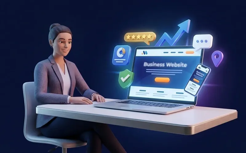What makes a good website - a business owner at a laptop with trust signals and performance elements emerging from the website