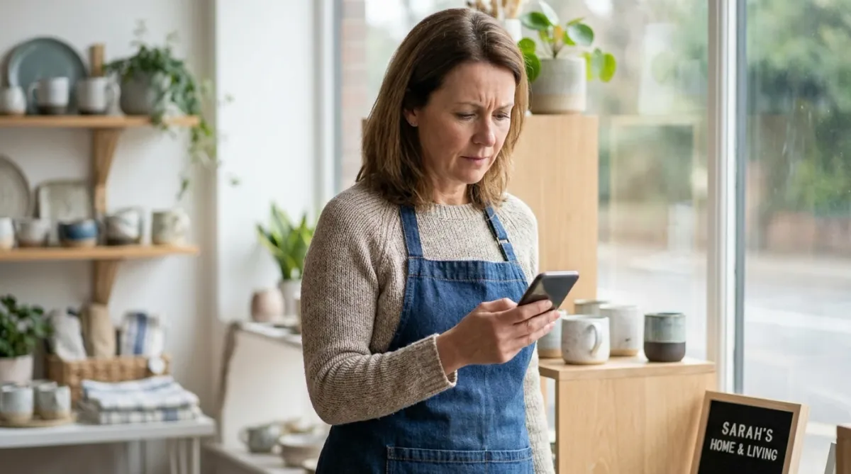 A small business owner checking her website on a phone with a concerned expression