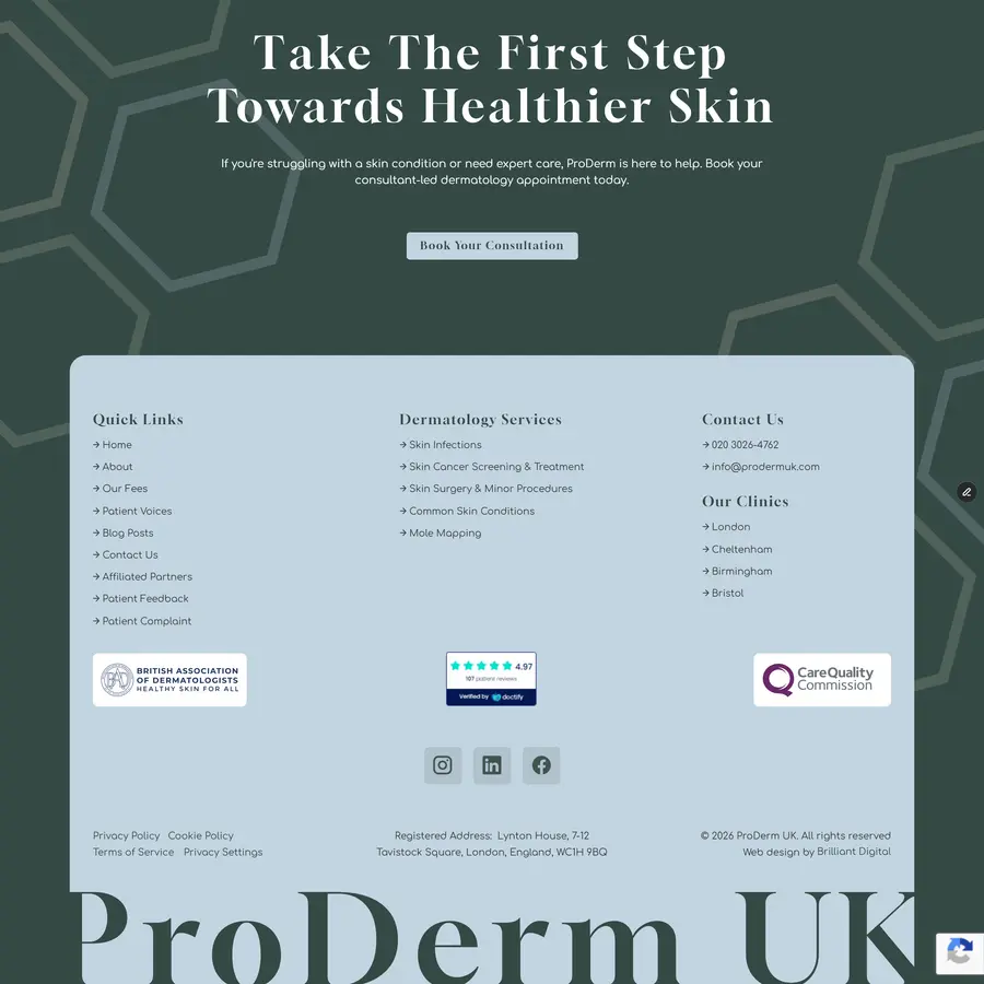 ProDerm UK footer and contact section with clinic locations, dermatology services, and professional accreditations