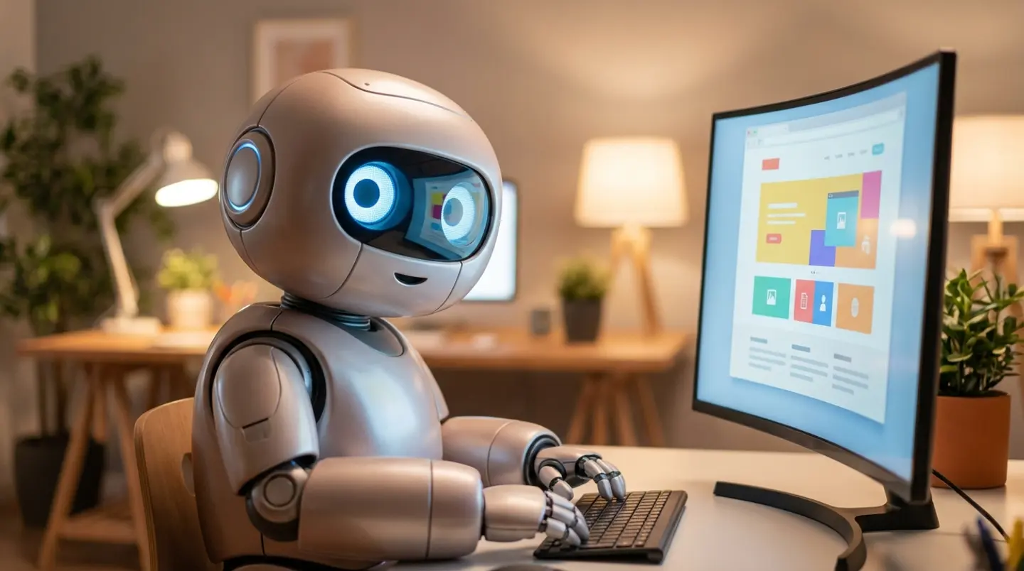 Friendly robot sitting at a desk looking at a website on a computer monitor