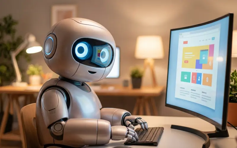 Friendly robot sitting at a desk looking at a website on a computer monitor