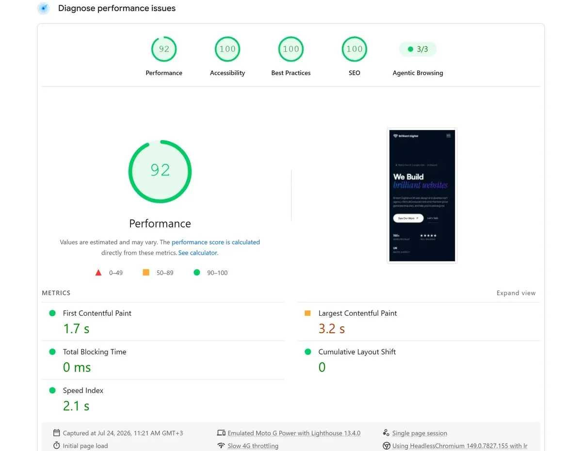 PageSpeed Insights report for brilliant.digital showing a performance score of 92 with Largest Contentful Paint at 3.2 seconds flagged amber
