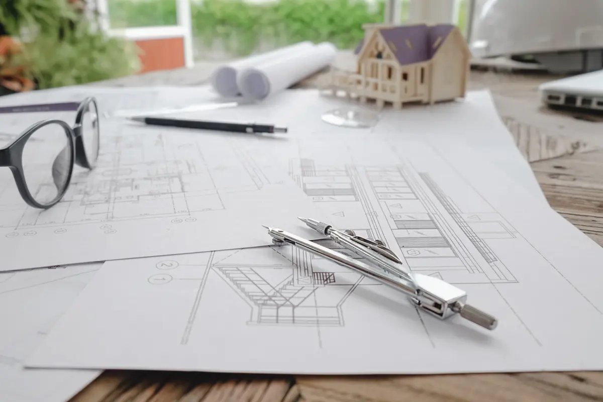 Architect reviewing drawings and a model in a design studio