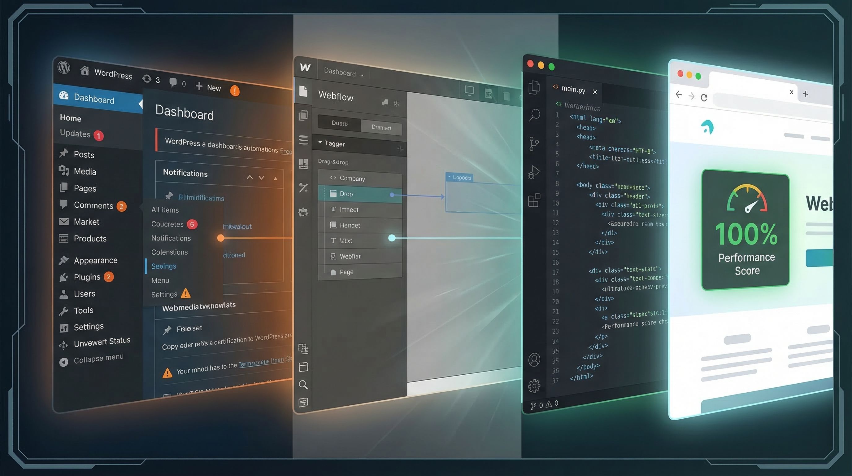 Visual evolution from WordPress to Webflow to custom code showing the journey from cluttered dashboard to clean modern development