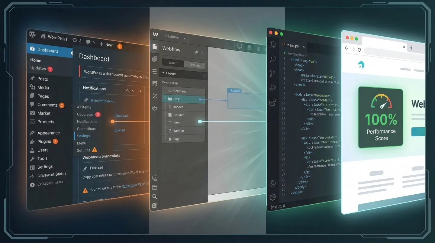 Visual evolution from WordPress to Webflow to custom code showing the journey from cluttered dashboard to clean modern development
