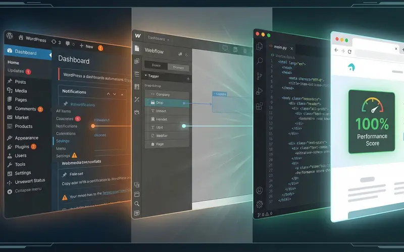 Visual evolution from WordPress to Webflow to custom code showing the journey from cluttered dashboard to clean modern development