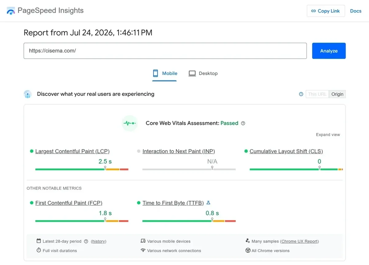 A Google PageSpeed Insights report for a web designer's client website, showing the Core Web Vitals assessment passing with real-world loading times