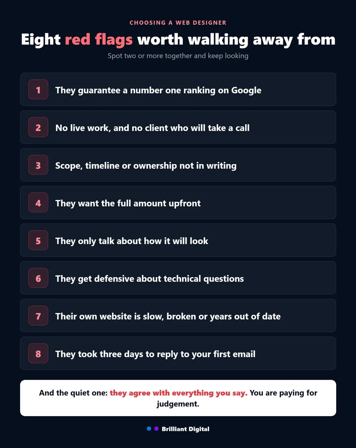 Eight red flags to watch for when choosing a web designer, from guaranteed Google rankings to demanding the full fee upfront