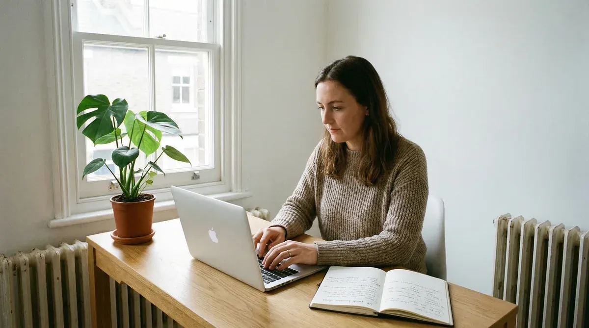 Small business owner writing a blog post at a clean desk with natural light