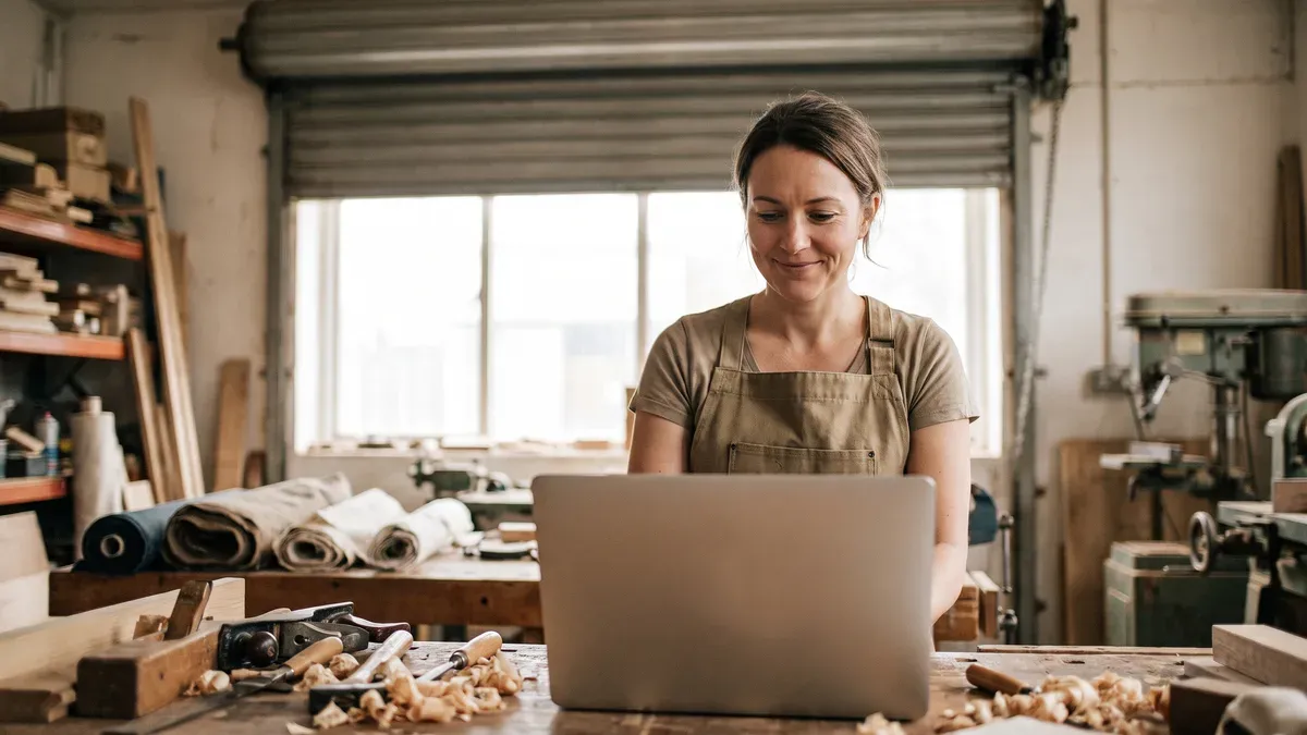 A small business owner looking at her new website on a laptop in her workshop