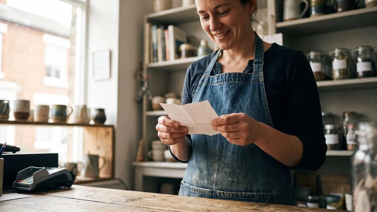Small business owner reading a customer thank-you note