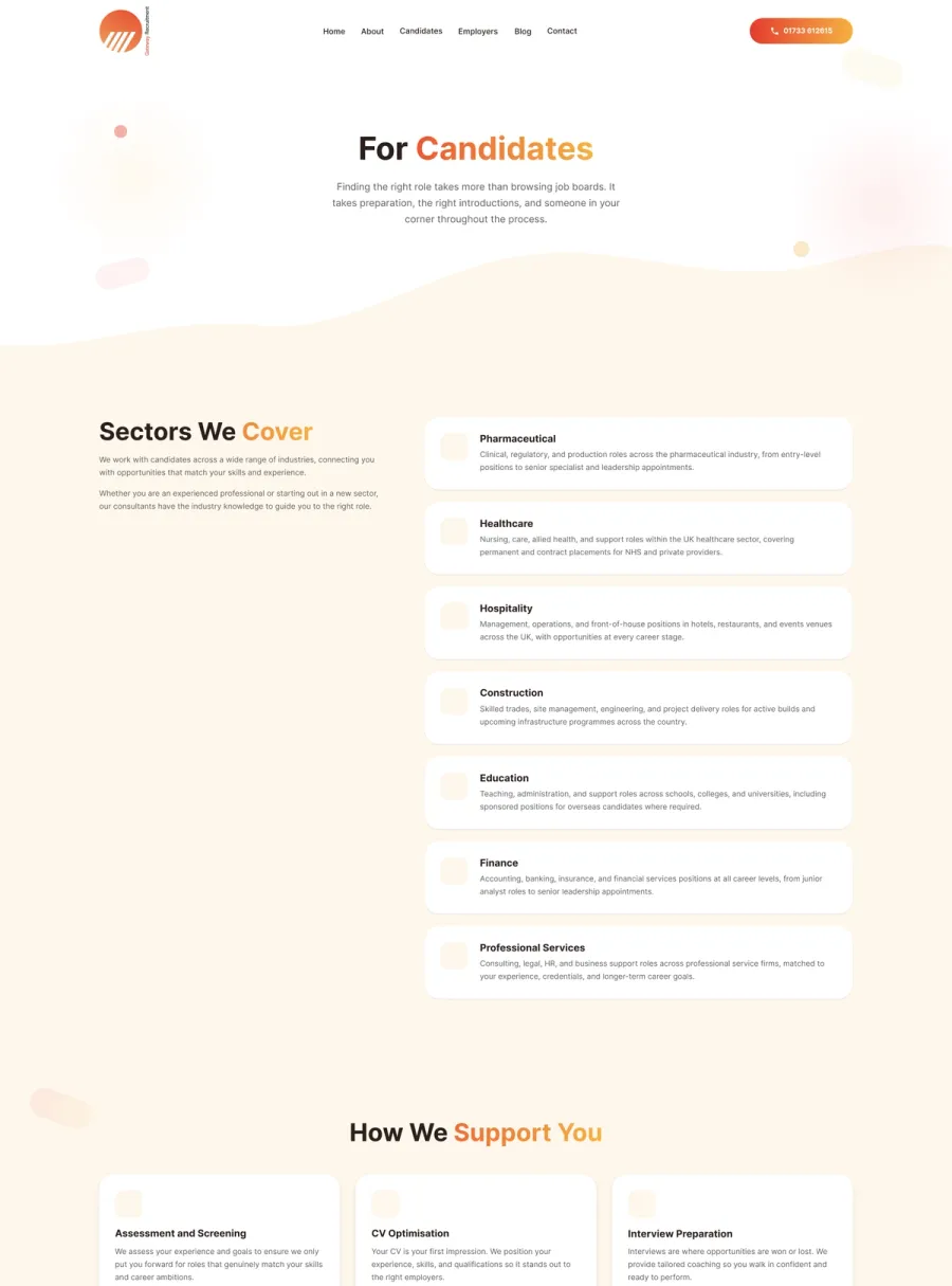Gateway Recruitment candidates page, the seven sectors covered