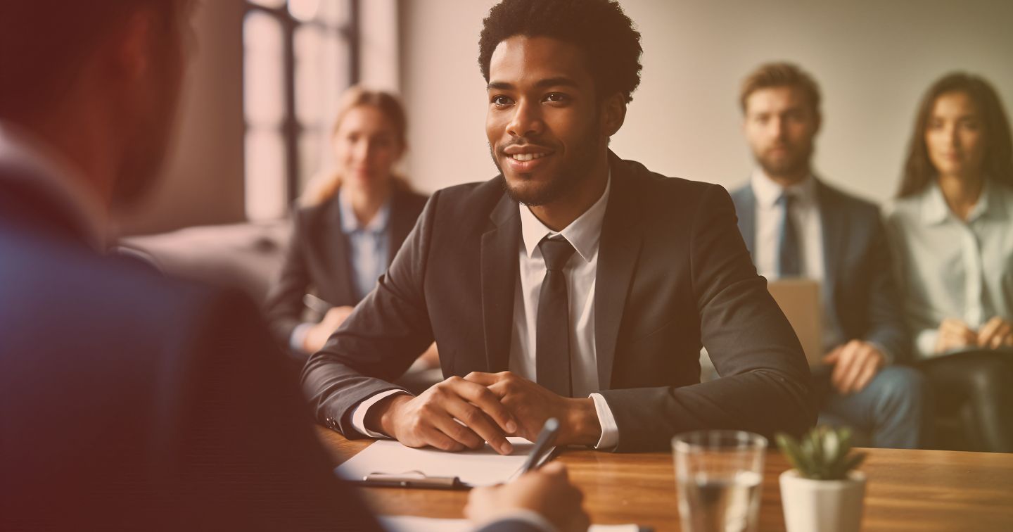 A candidate being interviewed across a meeting room table