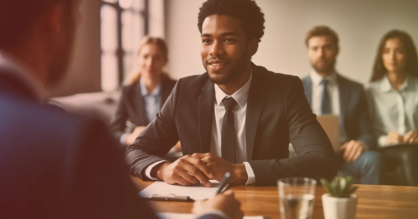 A candidate being interviewed across a meeting room table