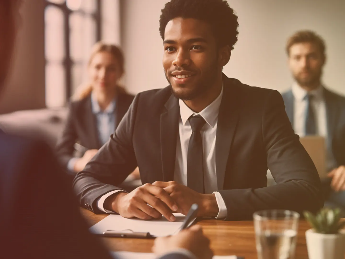 A candidate being interviewed across a meeting room table