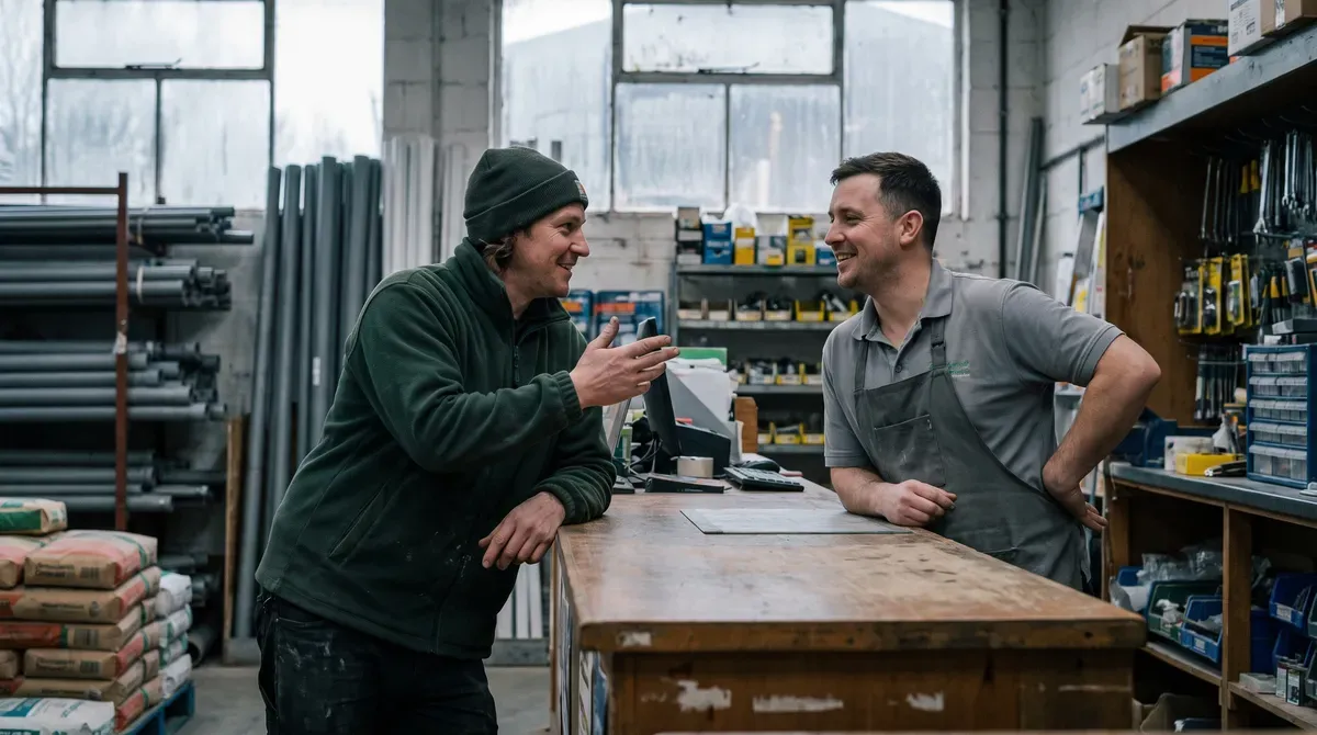 A tradesperson talking with the person serving at a builders' merchant counter, the kind of local relationship that earns genuine mentions and links