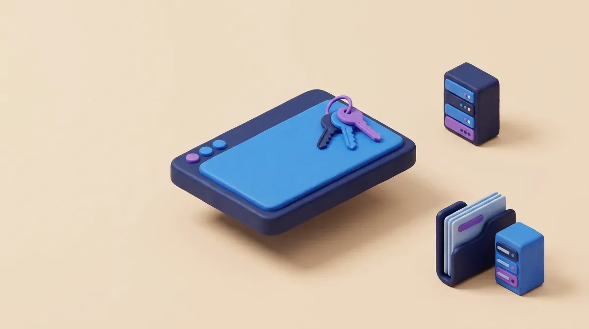 An isometric illustration of website ownership handover: a browser window with a set of keys resting on it, beside the website files and hosting