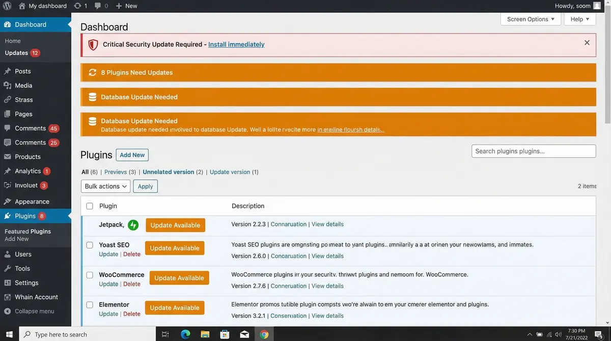 WordPress dashboard showing multiple plugin update warnings and security alerts