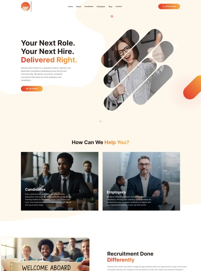 Gateway Recruitment homepage, hero and the candidate and employer routes