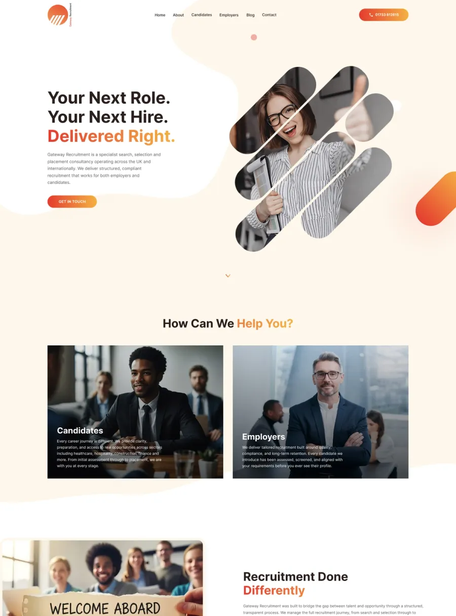 Gateway Recruitment homepage, hero and the candidate and employer routes