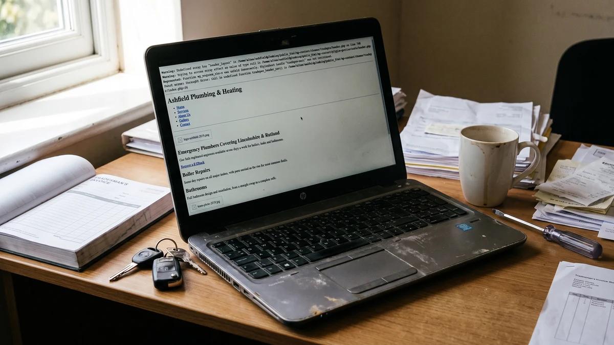 A small business website broken after an update, showing PHP errors and no styling