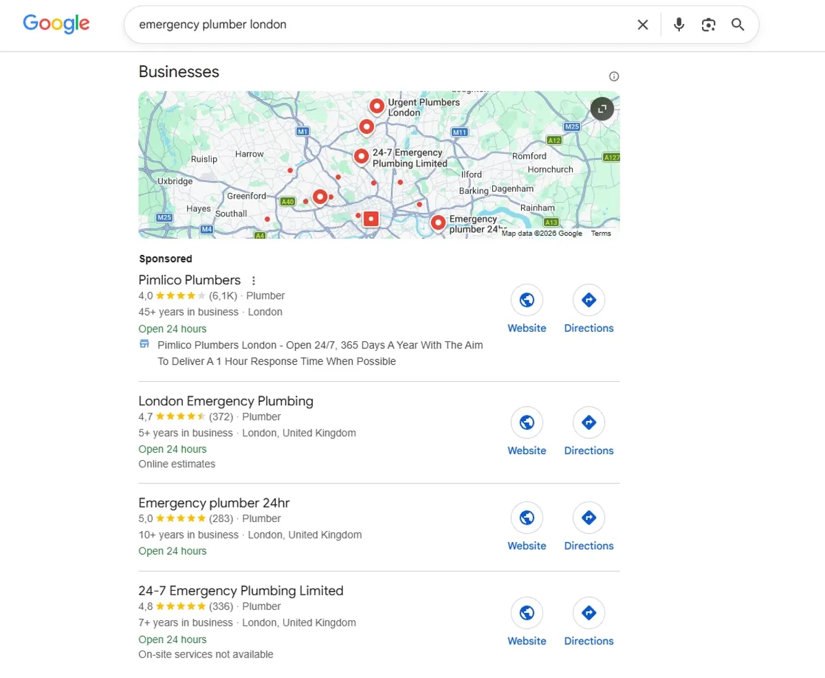 A Google local pack for an emergency plumber search in London, showing the map and four local business listings, with the top one marked as a paid ad