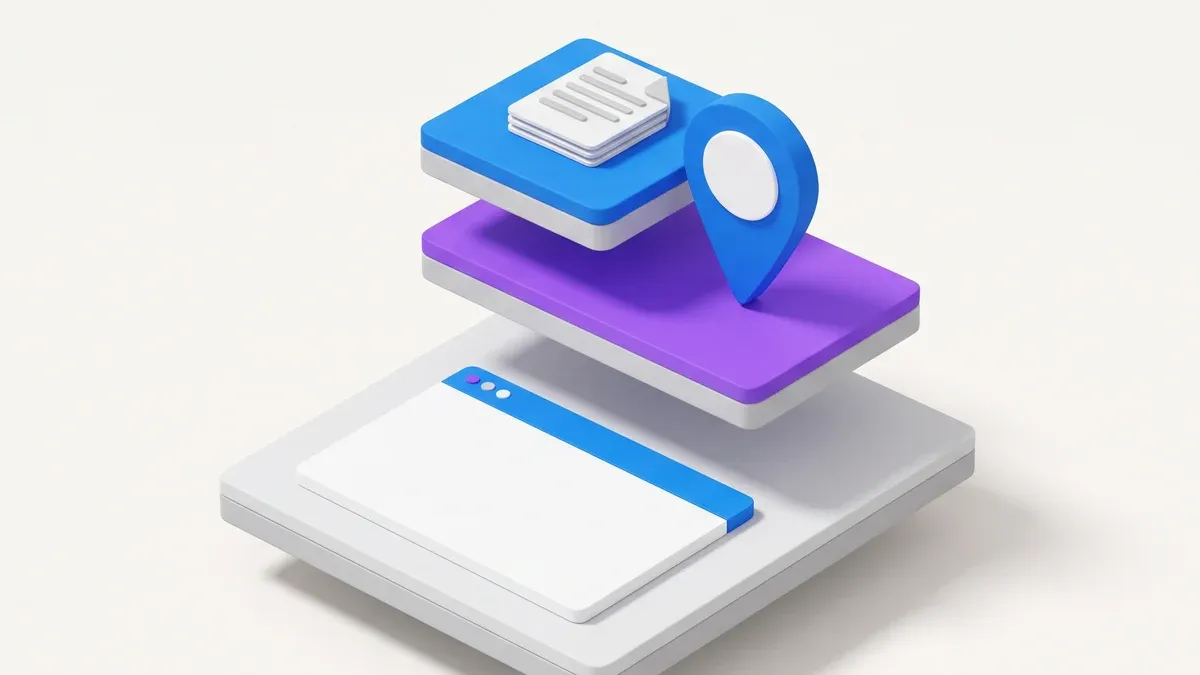 An isometric illustration of SEO foundations stacked: the website at the base, a Google Business Profile map pin above it, and published content on top
