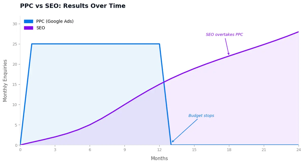 Chart showing PPC results are immediate but stop when spend stops while SEO builds slowly and compounds over time