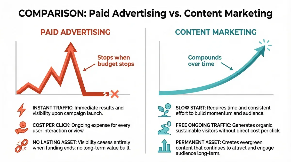 Paid advertising versus content marketing cost and ROI comparison