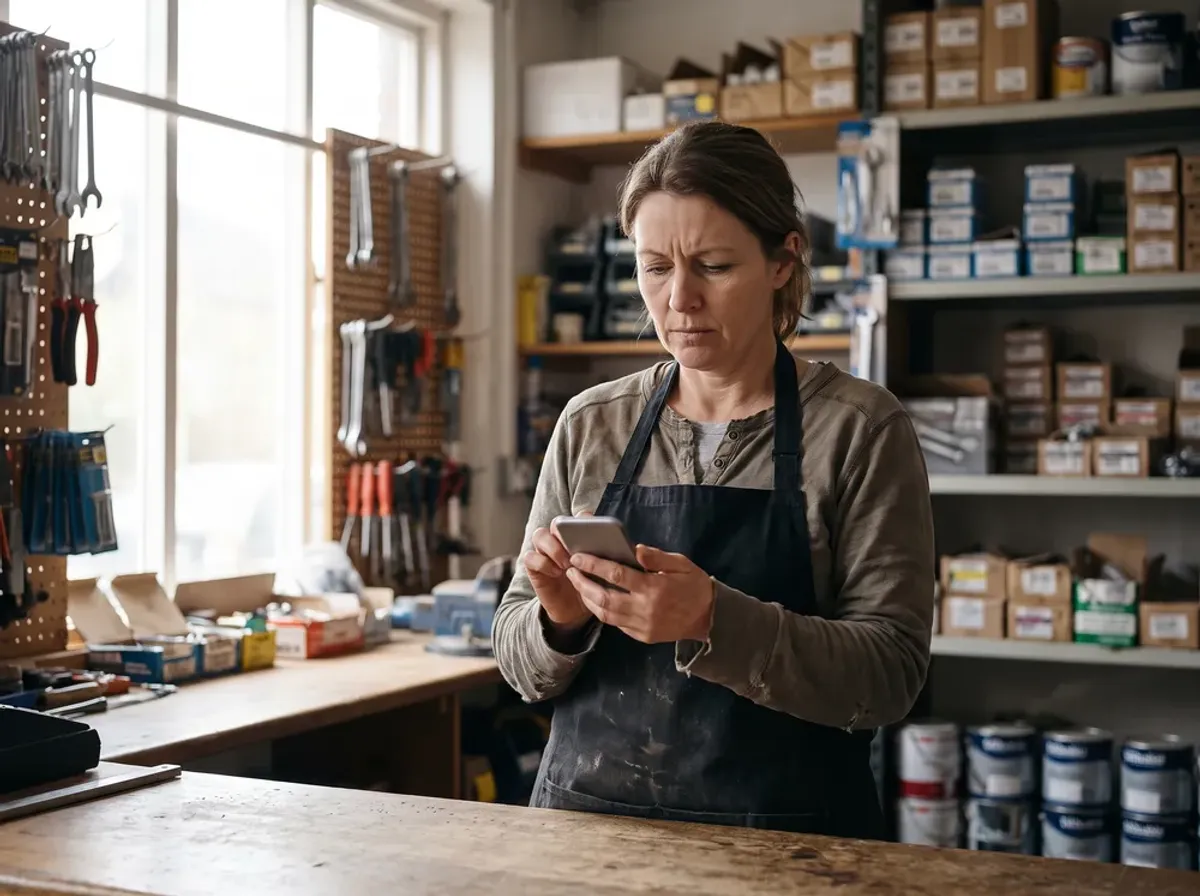 A UK hardware shop owner checking her business listing on a smartphone behind the counter