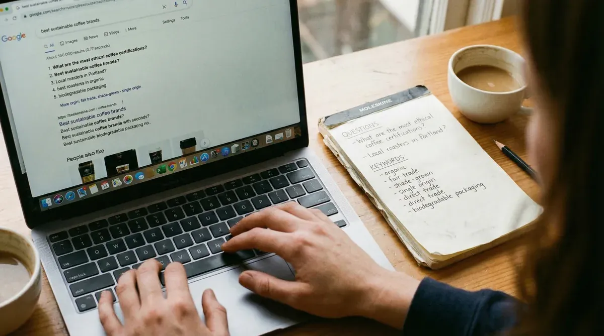 Person researching keywords on a laptop with a notebook of keyword ideas