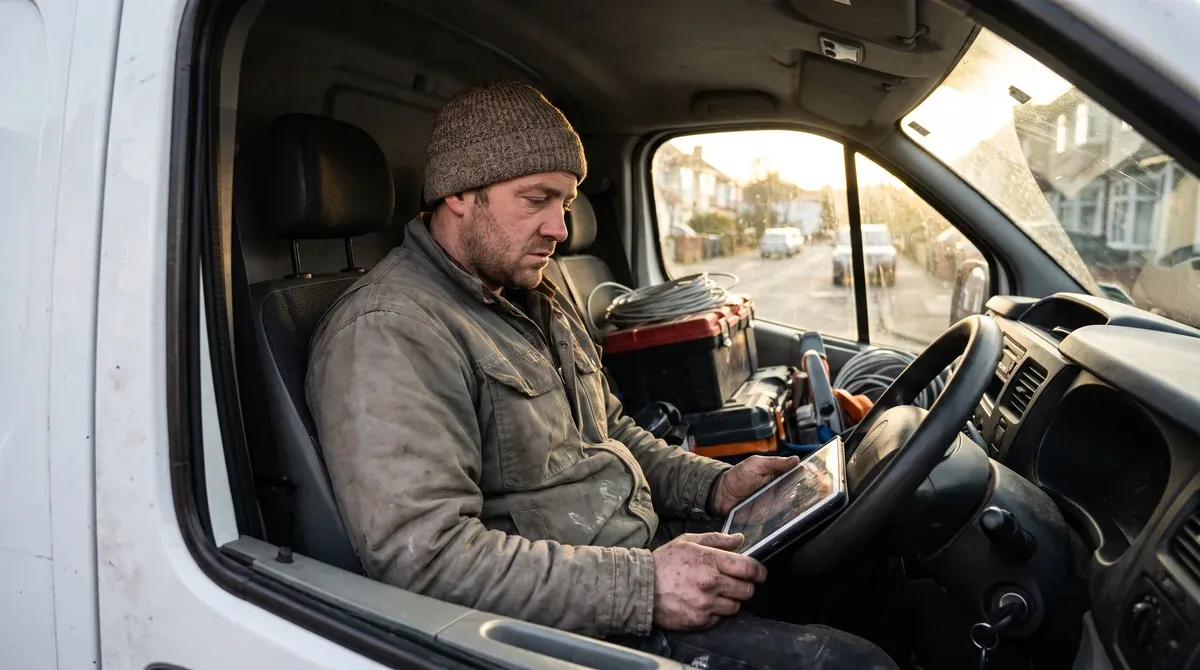 An electrician checking how his website is performing on a tablet at the end of the working day