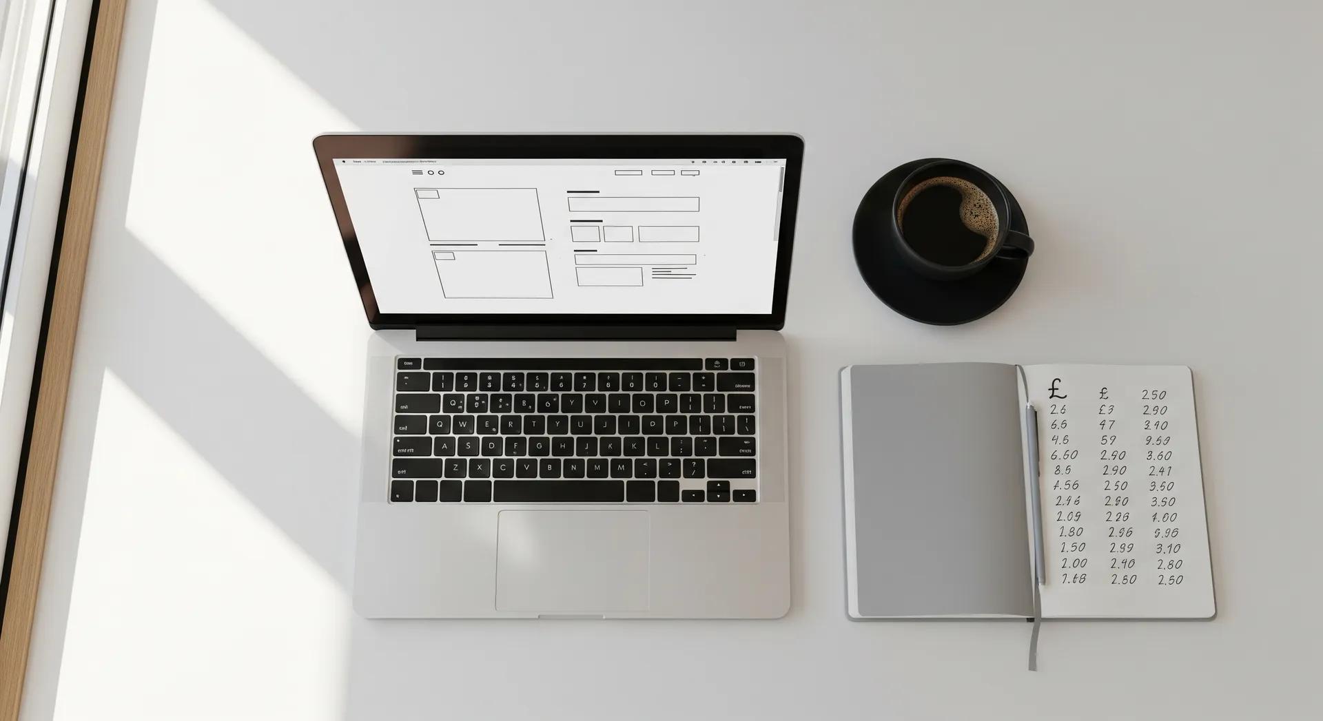 Web design cost planning with laptop showing website wireframe and cost notes on desk