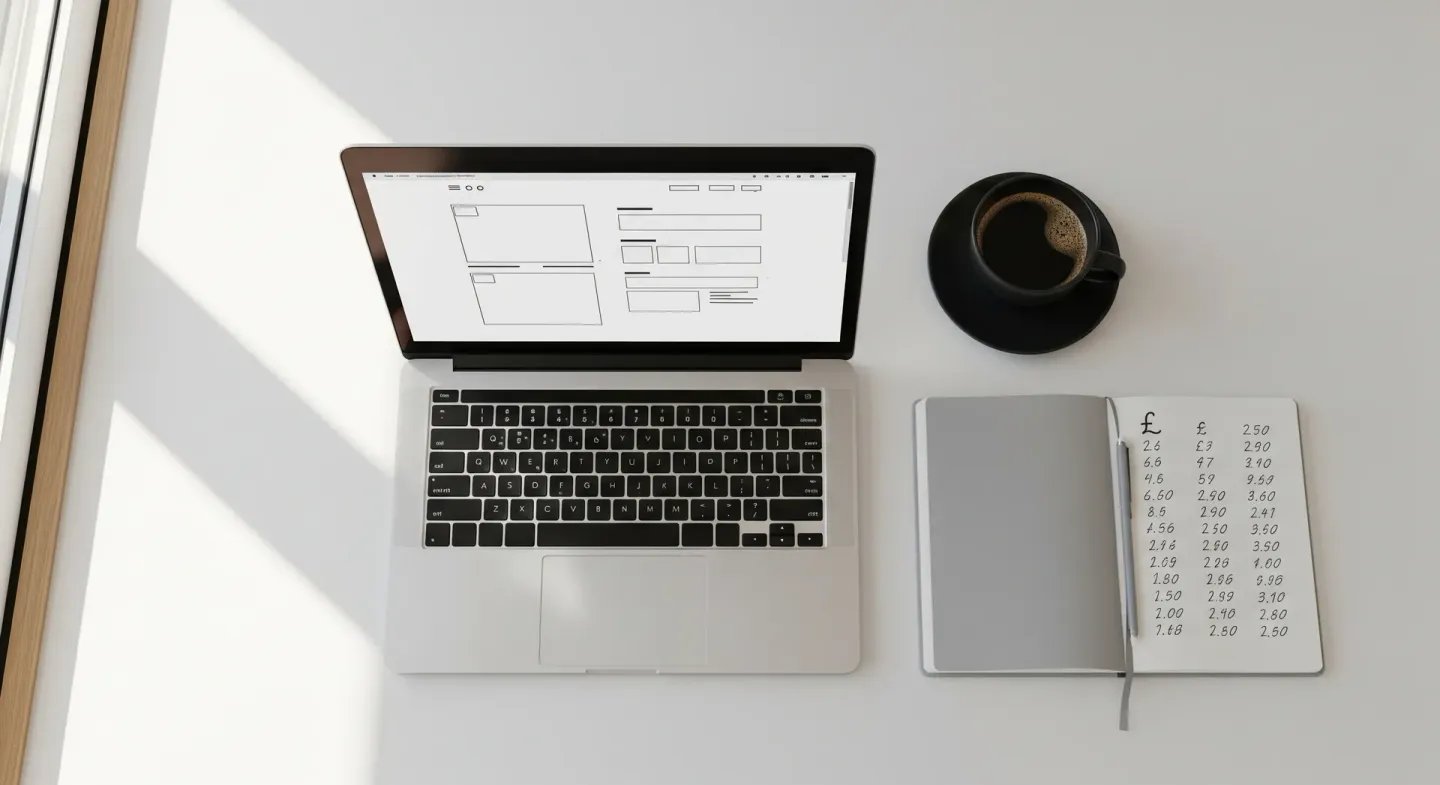 Web design cost planning with laptop showing website wireframe and cost notes on desk