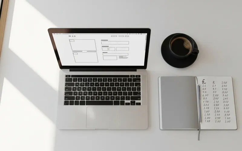 Web design cost planning with laptop showing website wireframe and cost notes on desk