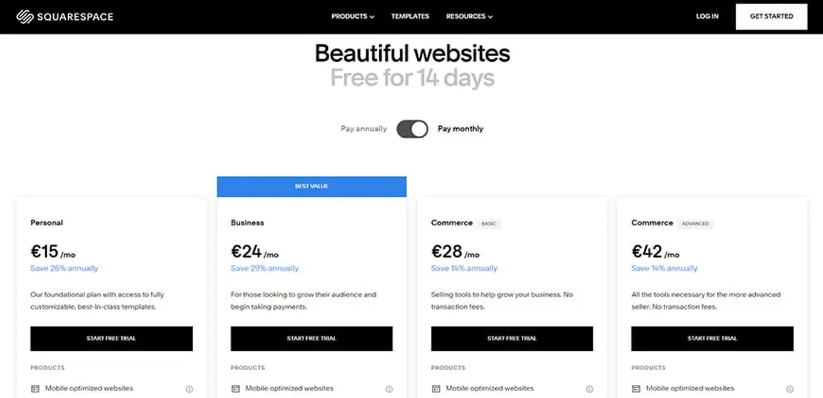 squarespace pricing plans