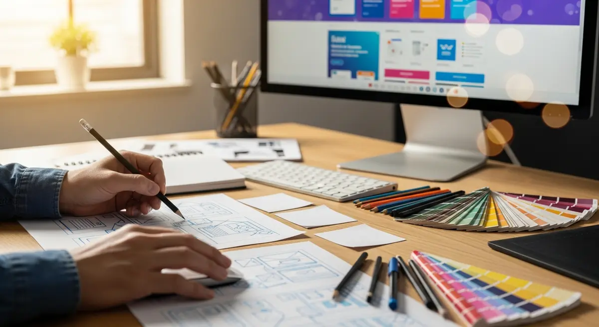 Web designer sketching wireframes at a desk with colour swatches while refining a website design on screen
