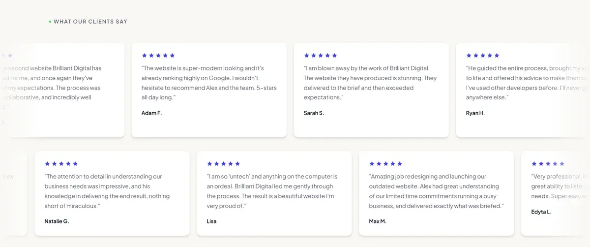 Customer testimonials displayed on the Brilliant Digital homepage