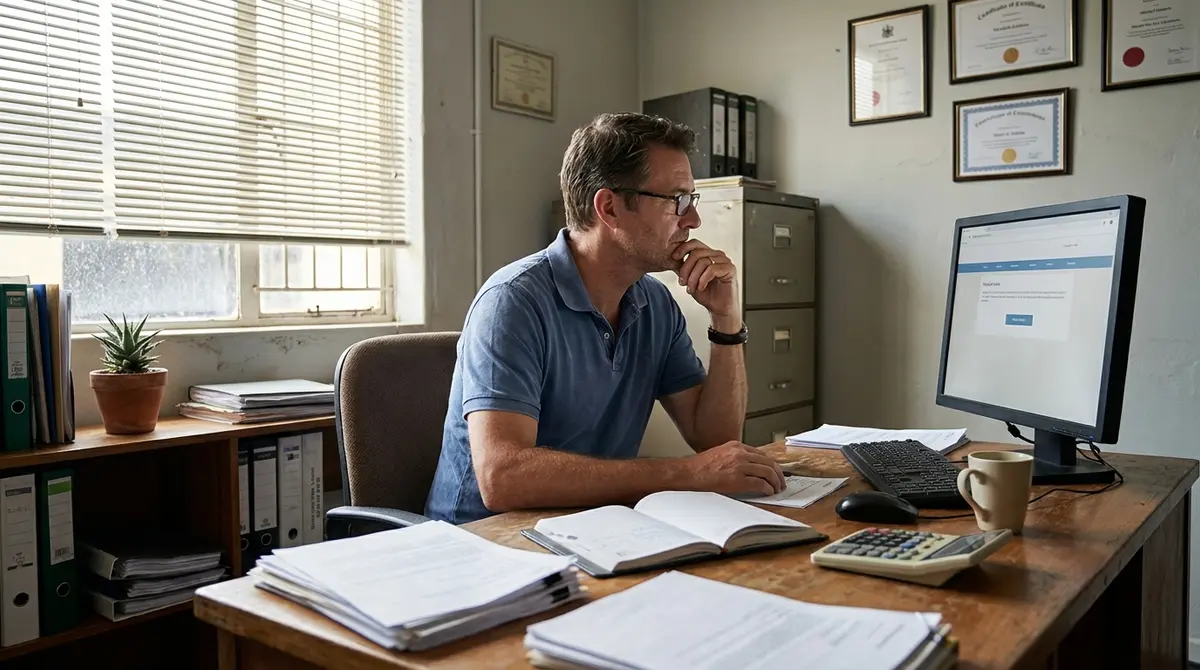 Small business owner at desk reviewing marketing options on computer