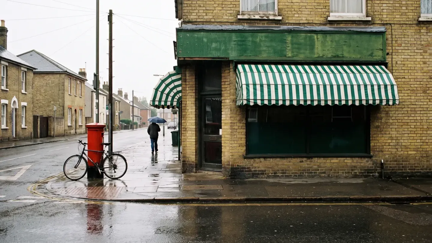 A small British corner shop on a wet high street, the kind of business local SEO helps customers find